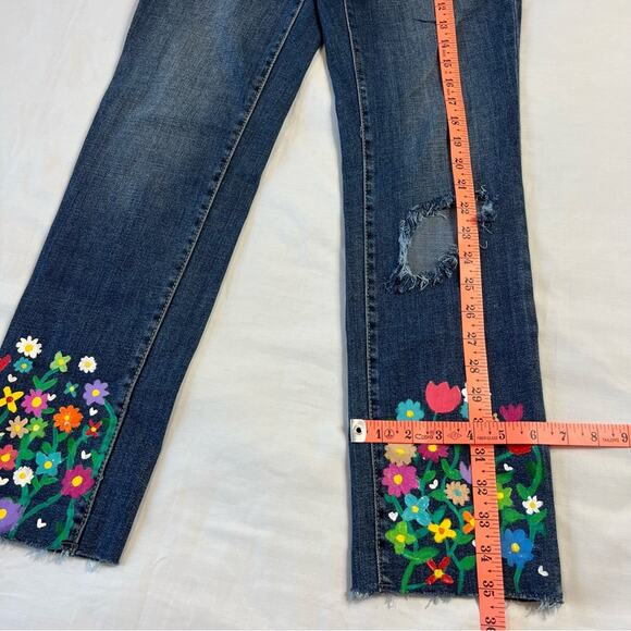 Custom Painted 00/24 High Rise Straight Crop Floral Distressed Y2k Denim Jeans - Picture 6 of 10